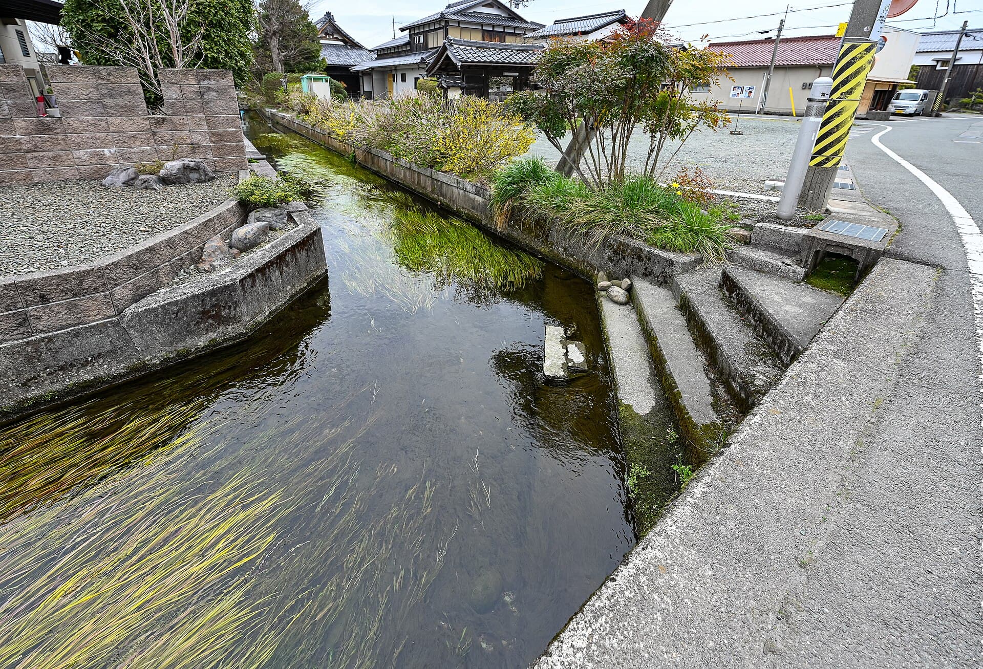 高島市針江の家々を結ぶ、澄んだ水路