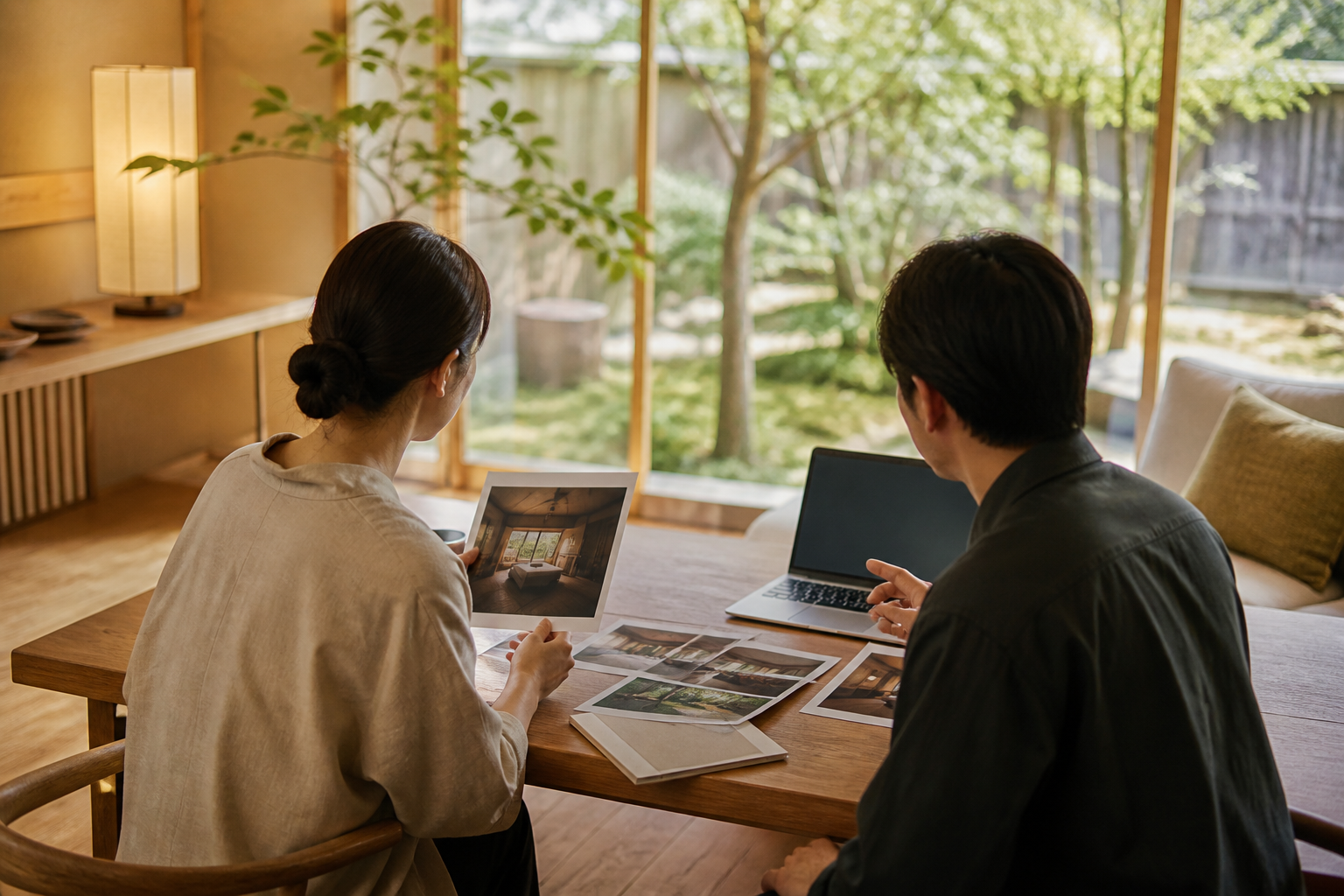 宿泊施設の写真を見ながらホームページ制作の打ち合わせをする様子
